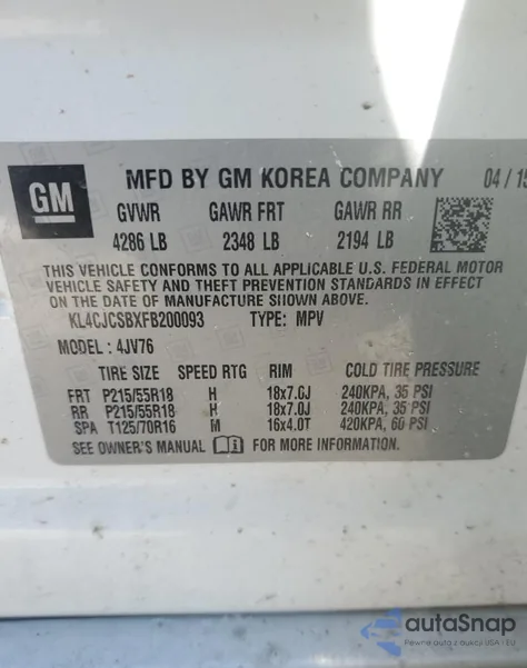 2015 Buick Encore from USA, damaged, VIN KL4CJCSBXFB200093